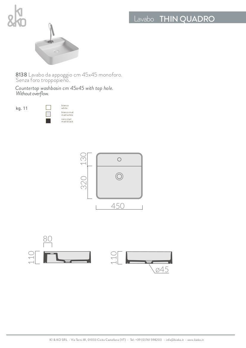Lavabo quadrato da appoggio bordo fino Thin 45