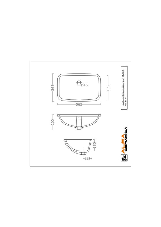 Lavabo Sottopiano cm 56.5x36.5 Azzurra