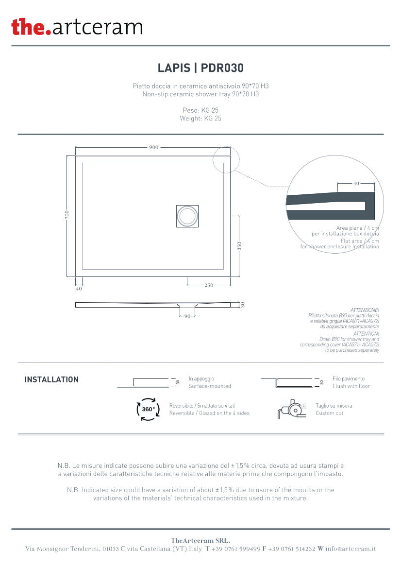 Piatto doccia 90x70 H3 Lapis
