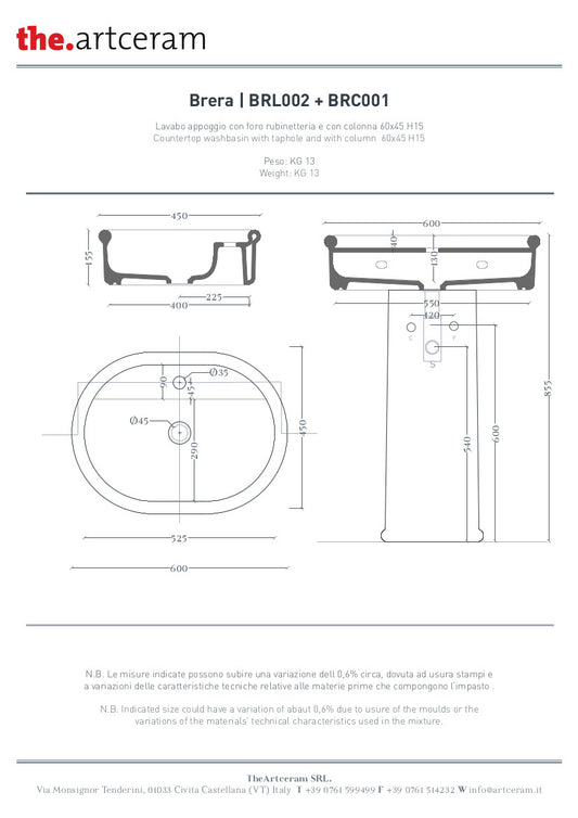 Vasque à poser ovale Brera, monotrou, 60 x 45 cm