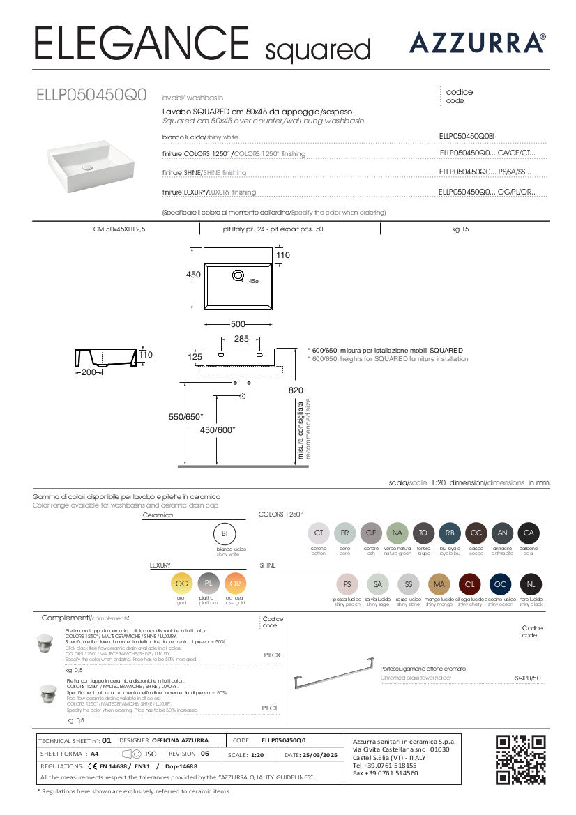 Lavabo appoggio/sospeso senza foro cm 50x45 Elegance Squared