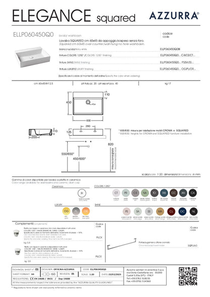 Lavabo appoggio/sospeso senza foro cm 60x45 Elegance Squared