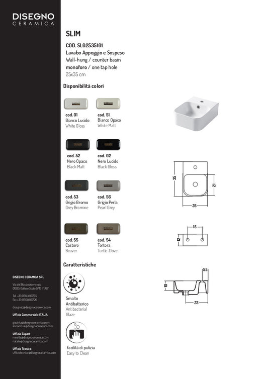 Lavabo Parete/Appoggio cm 25x35 Slim