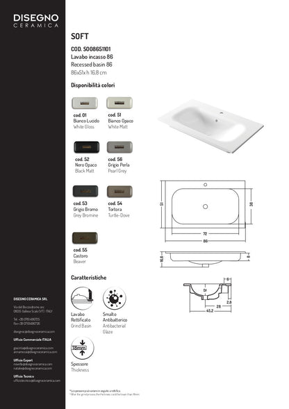 Lavabo da incasso 86x51x h 16,8 cm Soft