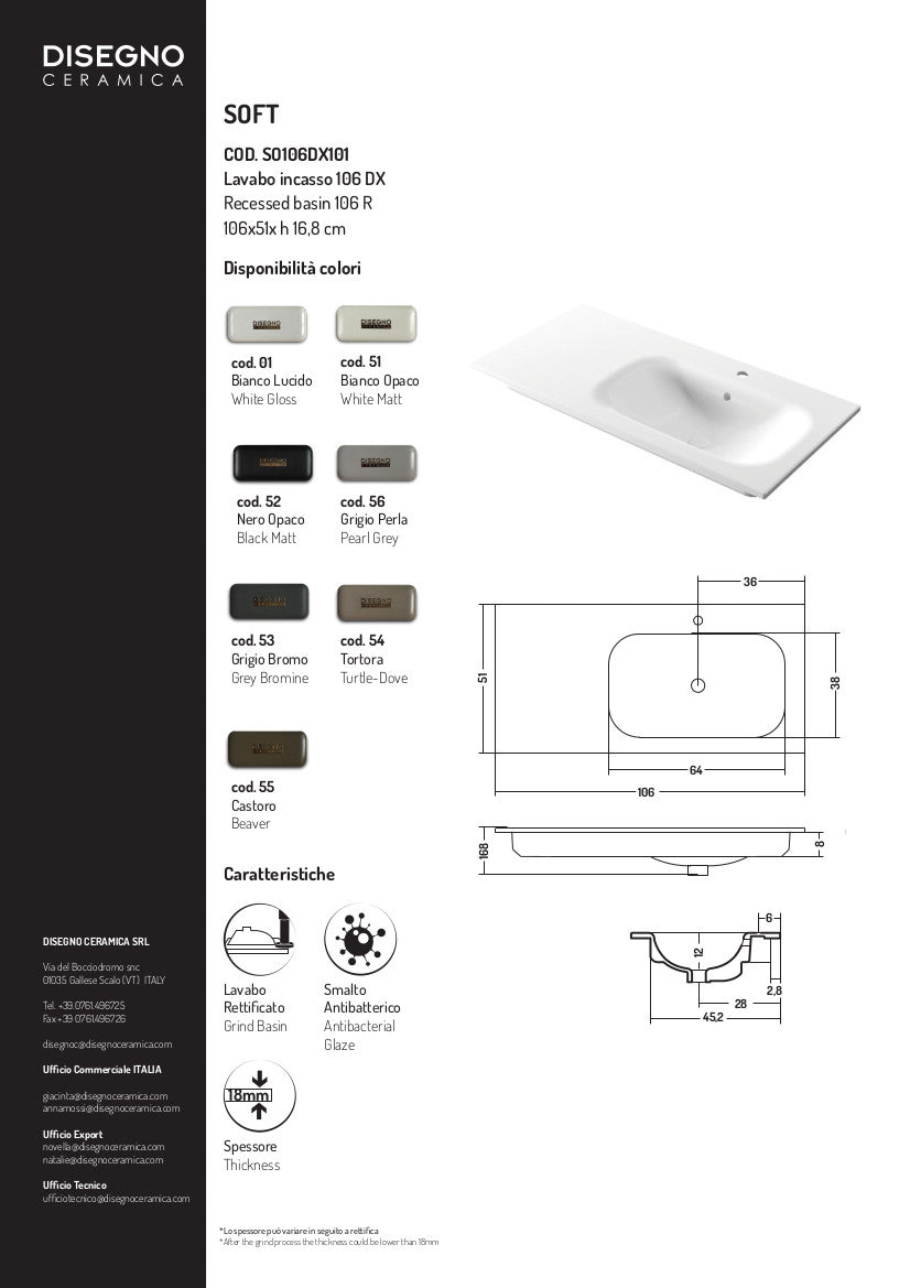 Lavabo da incasso con vasca a destra 106x51x h 16,8 cm Soft