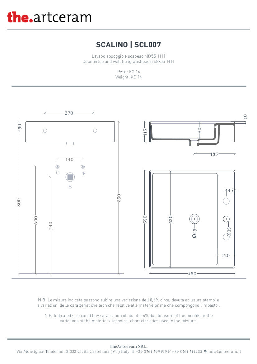 Lavabo sospeso/appoggio cm 55x48 Scalino