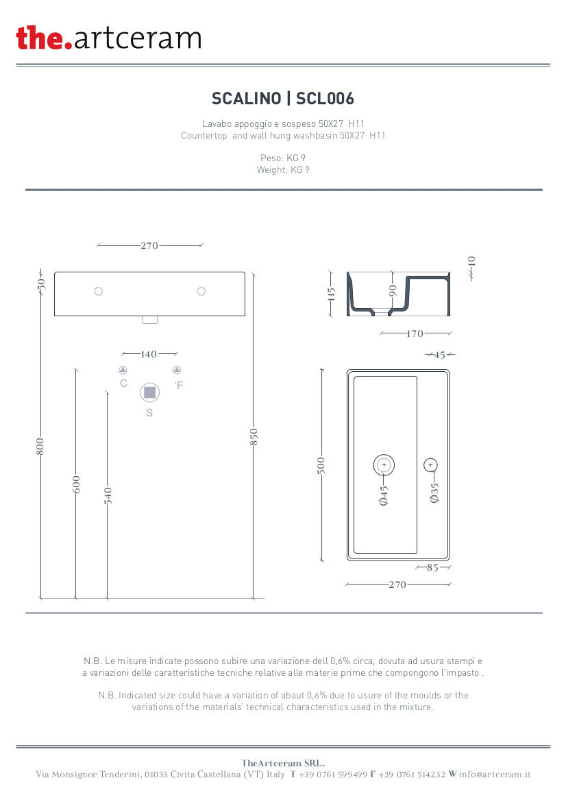 Lavabo sospeso/appoggio cm 50x27 Scalino