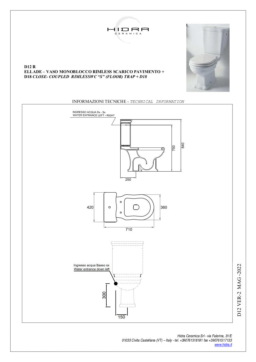 Vaso monoblocco senza brida Ellade