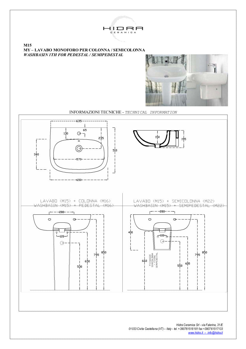 Lavabo da colonna/semicolonna cm 65 My