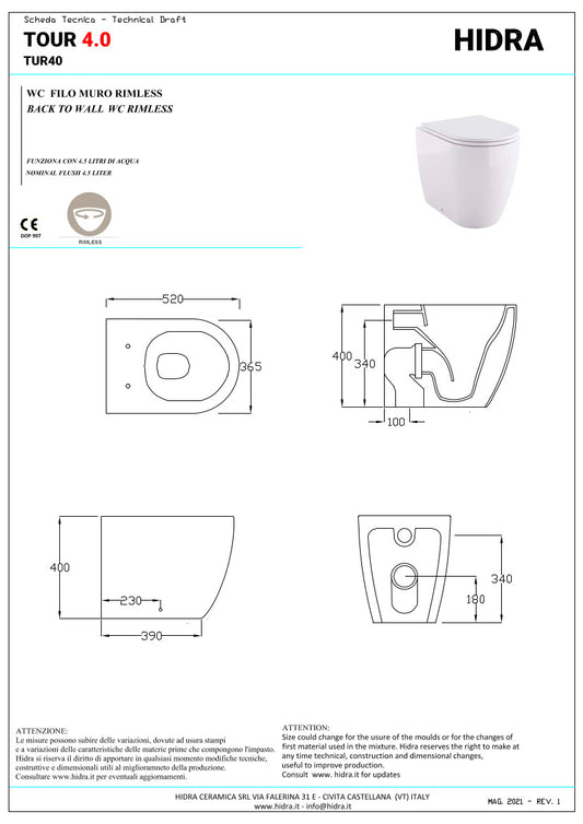 Vaso filo parete senza brida Tour 4.0