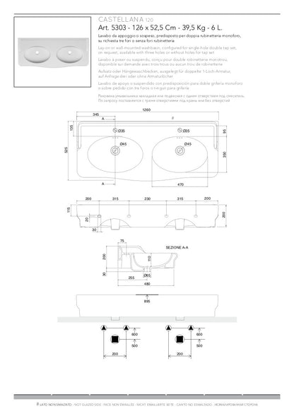 Lavabo da appoggio o sospeso doppia vasca Castellana