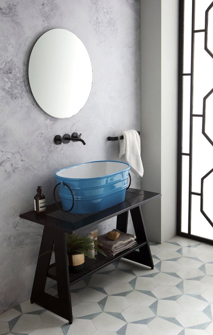 COMPOSIZIONE TINOZZA CIANO SU CAVALLETTO NERO