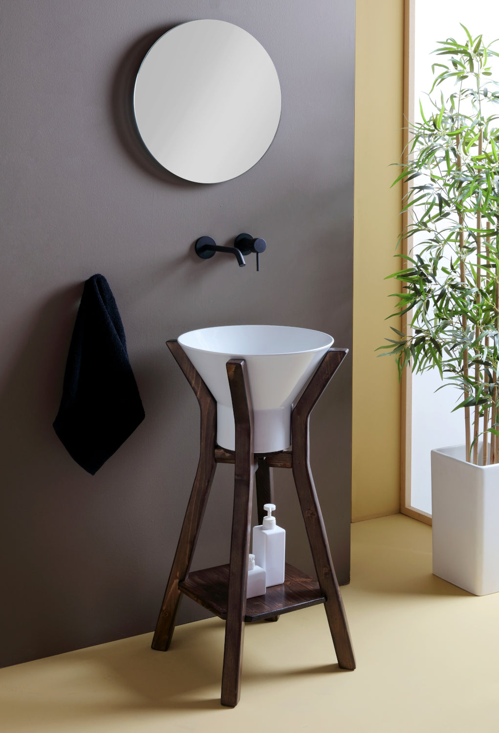 COMPOSIZIONE LAVABO MEGAFONO SU STRUTTURA DA TERRA ALTA IN LEGNO